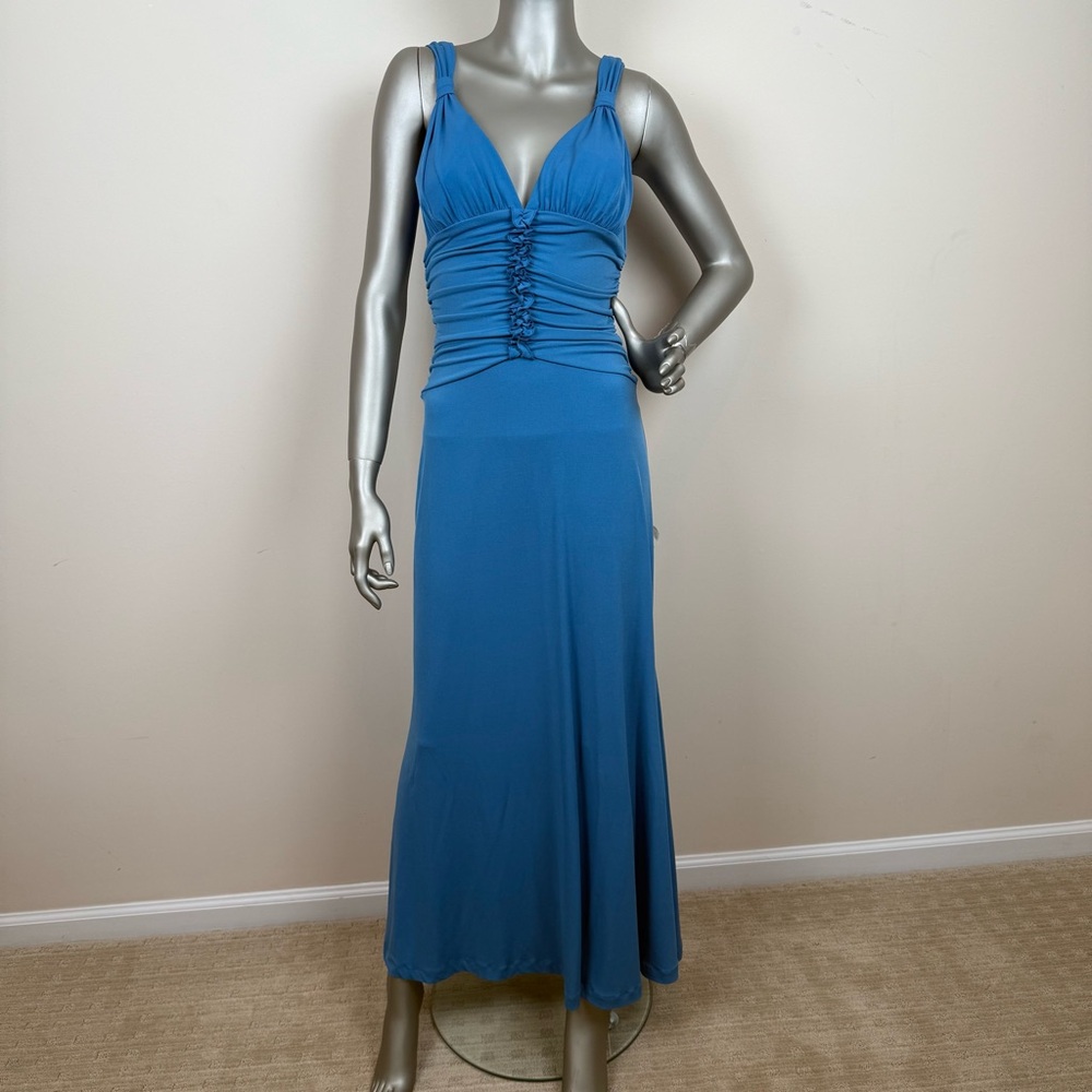 Elegant Long Sleeveless Stretch V-Neck Blue Evening Dress w/Rouched Waist